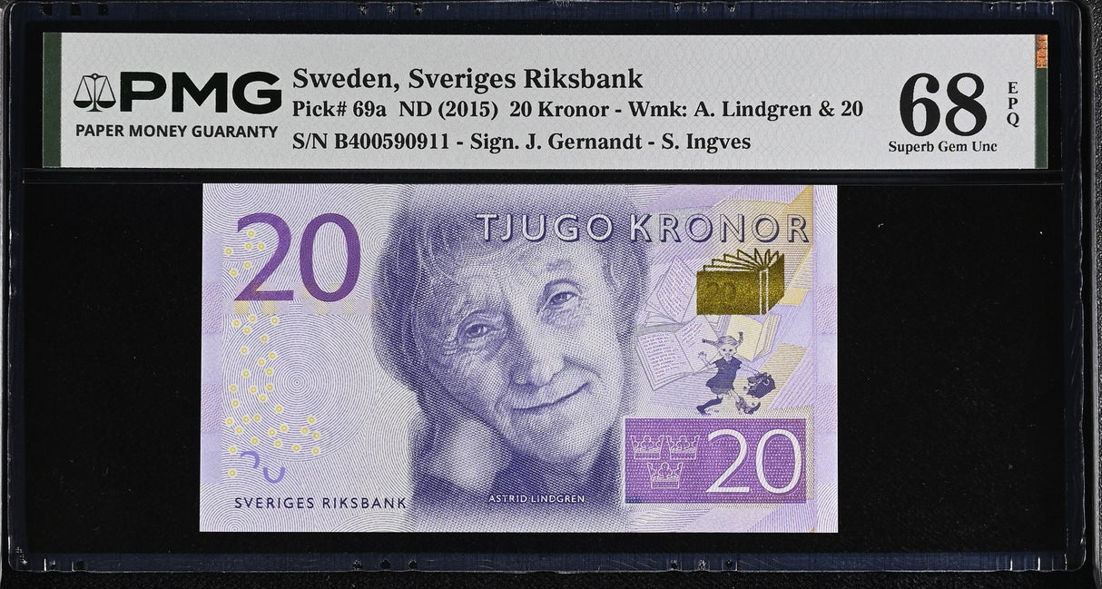 Sweden 20 Kronor ND 2015 P 69 a Superb Gem UNC PMG 68 EPQ ,Wtm A. Lindgren $ 20