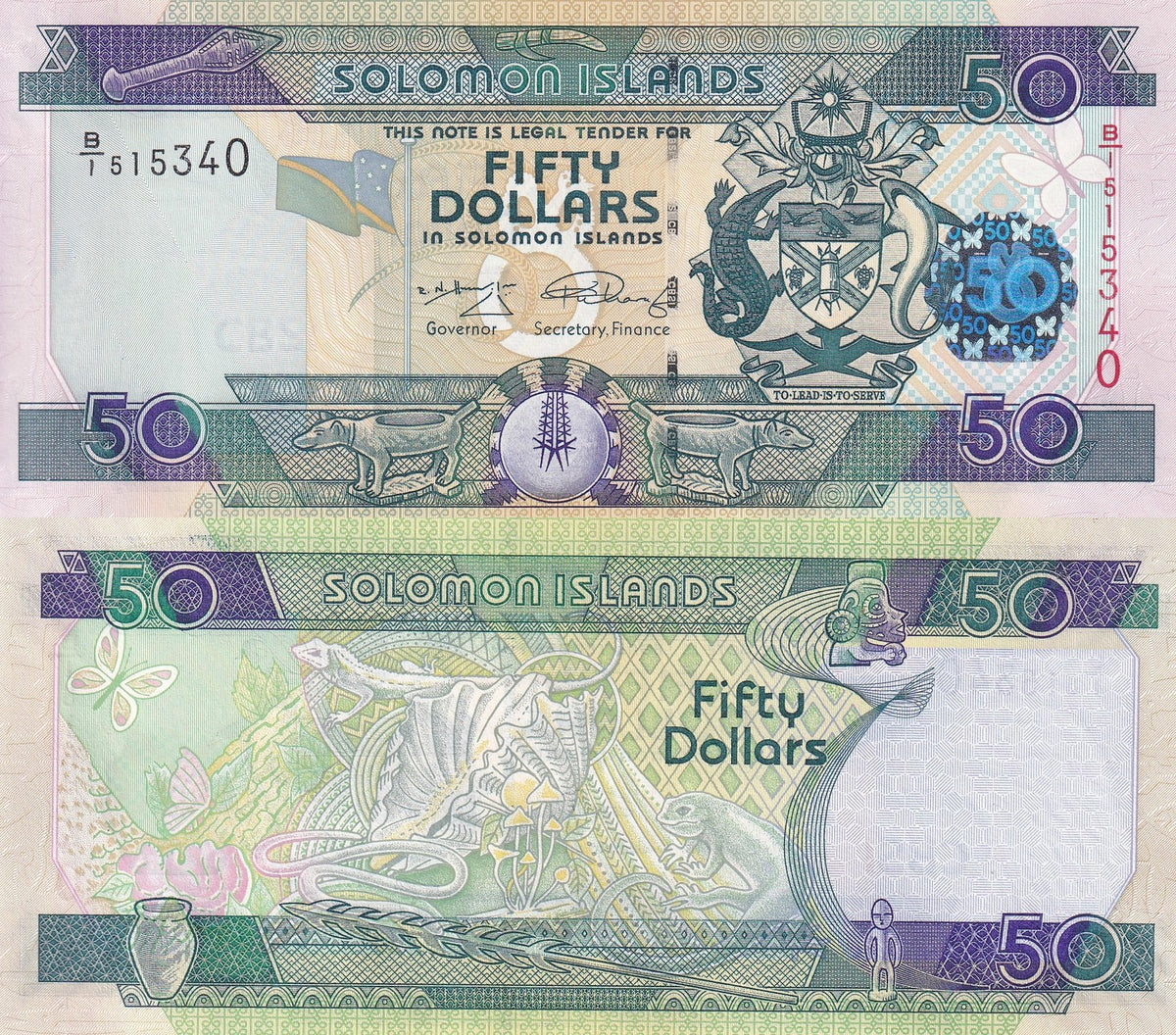 Solomon Islands 50 Dollars ND 2009 P 29 UNC Arms Geckos, shell