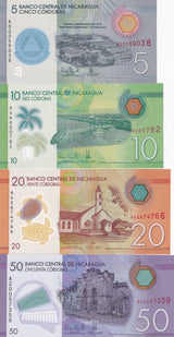 Nicaragua Set 4 Pcs 5 10 20 50 Cordobas 2014-2022 P 209 210 211 P 219 UNC