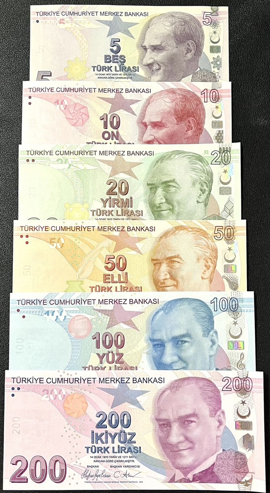 Turkey Set 6 UNC 5 10 20 50 100 200 Lira 2022 - 2024 P 222 - 227 Random Sign