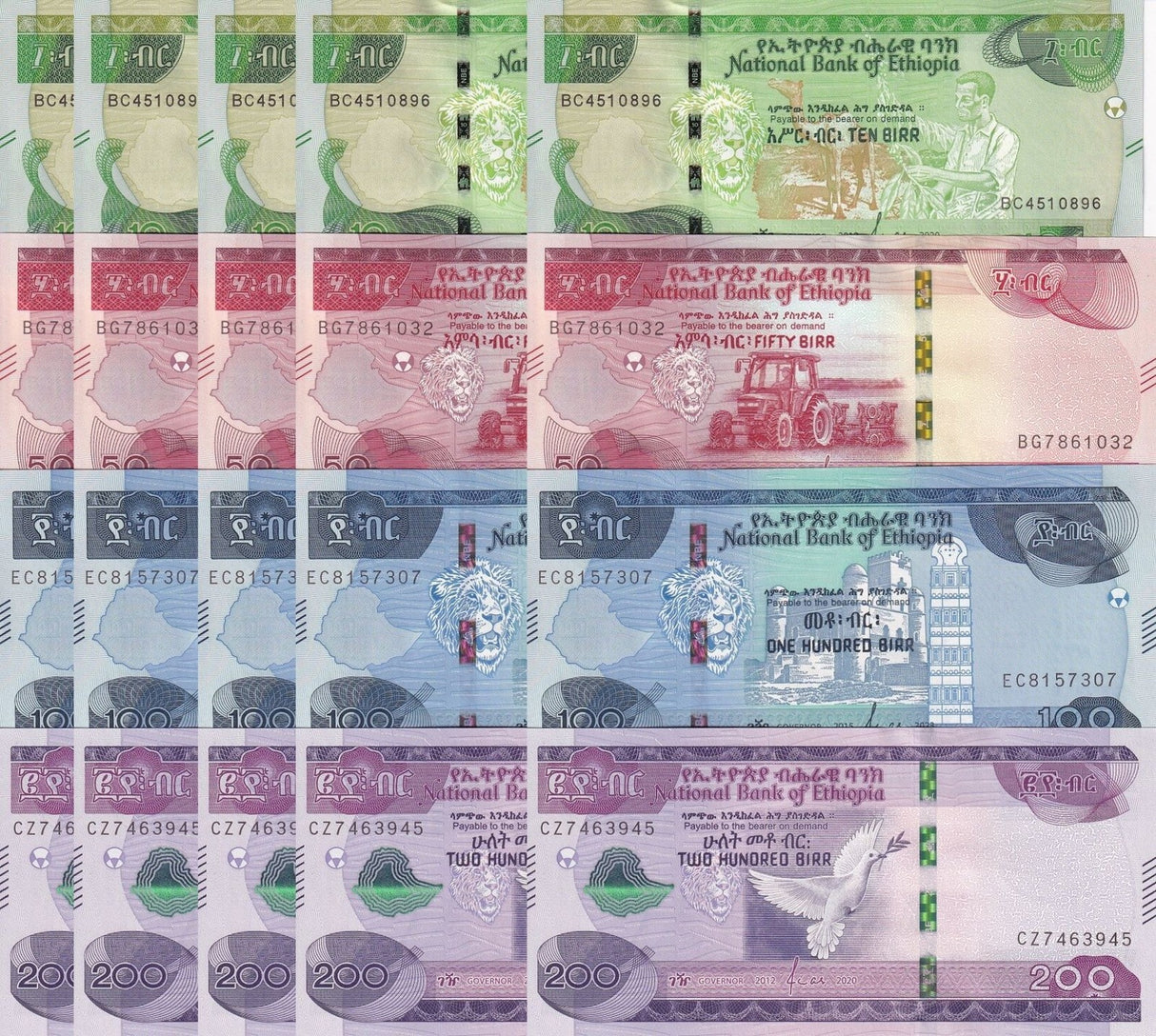 Ethiopia Set 4 x Lot 5 = 20 Pcs 10 50 100 200 Birr 2012/2023 P 53 54 55 56 UNC