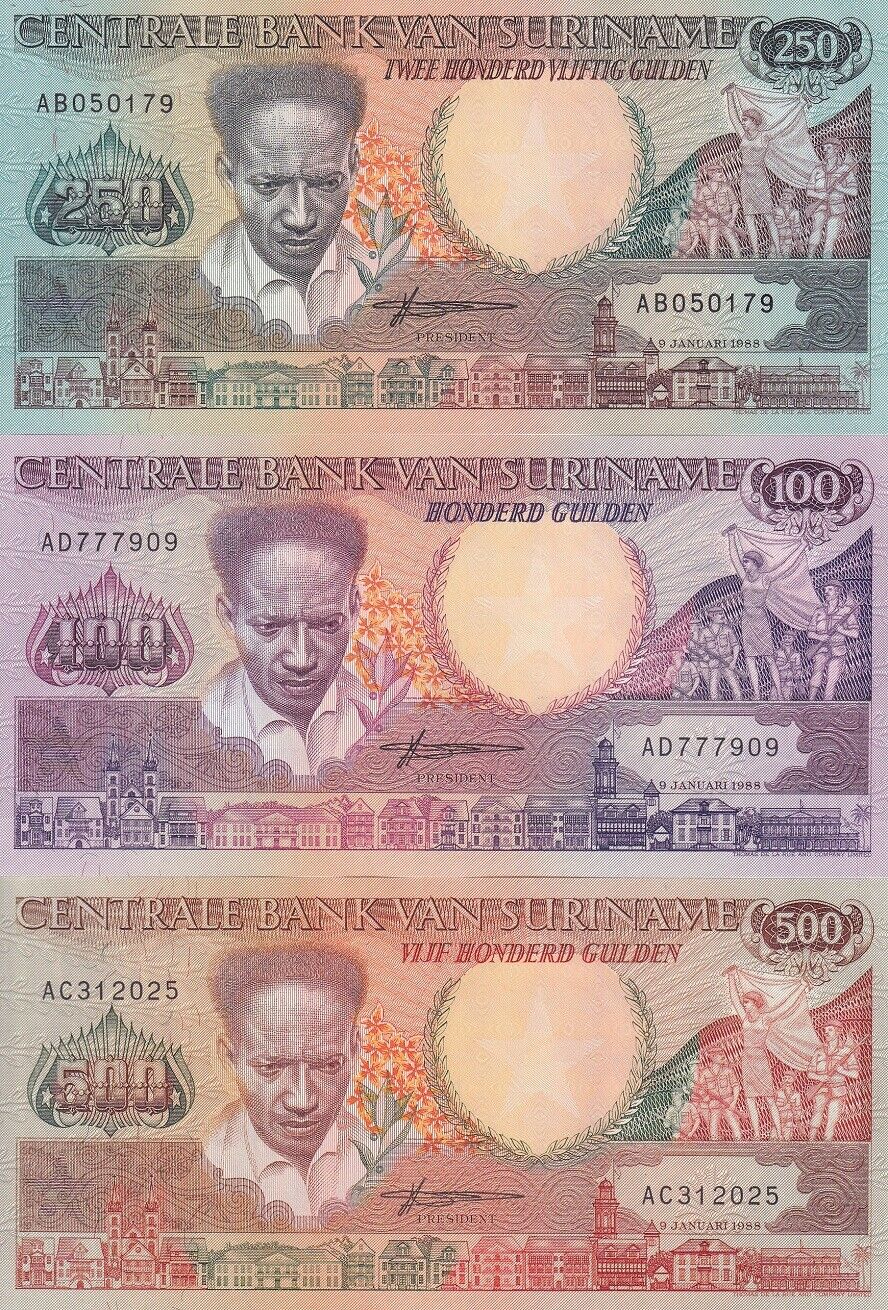 Suriname Set 3 Pcs 100 250 500 Gulden 1986 1988 P 133 P 134 P 135 UNC