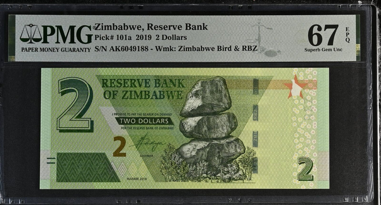 Zimbabwe 2 dollars 2019 P 101 a Superb Gem UNC PMG 67 EPQ