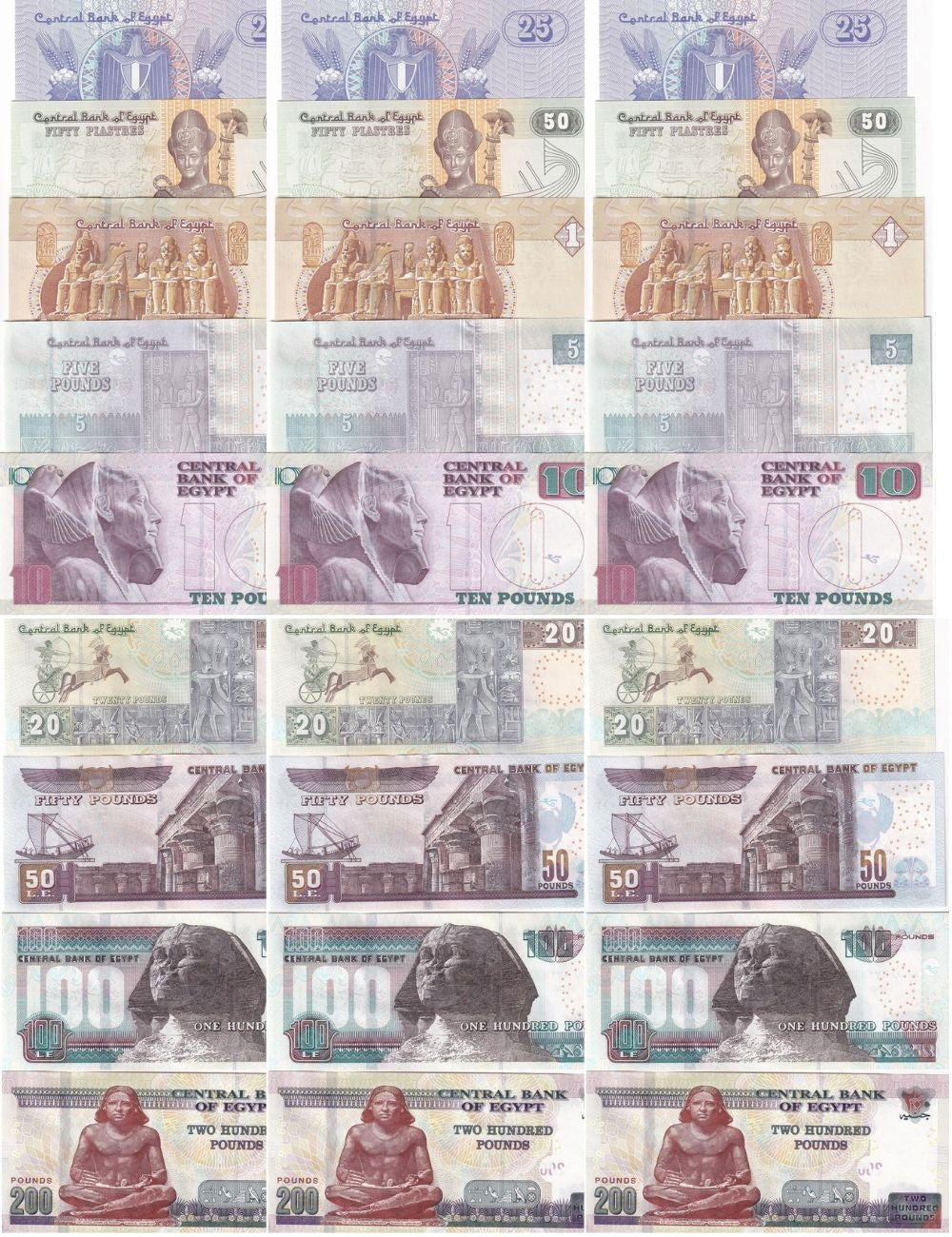 Egypt Set 9 X Lot 3 = 27 UNC 25 Piasters - 200 pounds Random Year P 57 70 - 77