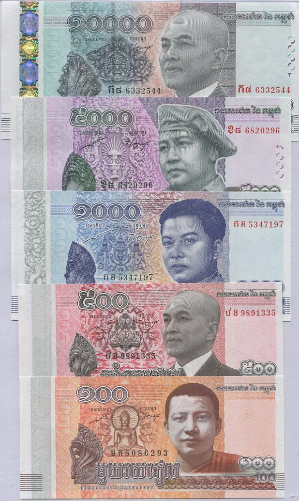 Cambodia Set 5 UNC 100 500 1000 5000 10000 Riels 2014-2015/2017 P 65 66 67 68 69