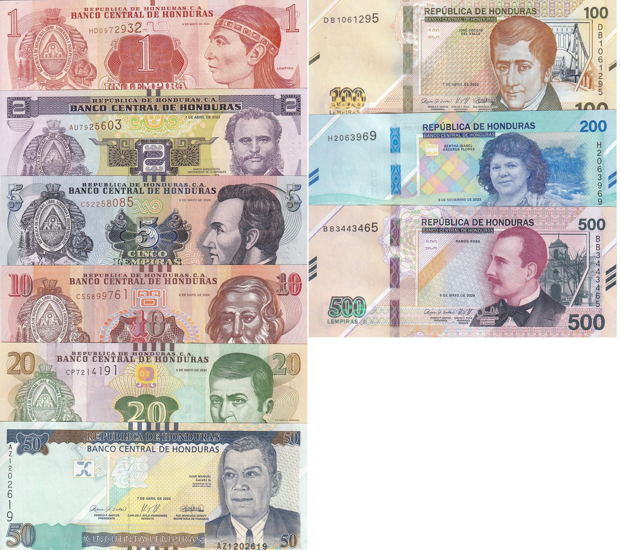 Honduras Set 9 UNC 1-200 500 Lempiras 2022-2024 P 96 97 98 99 100-114 P New