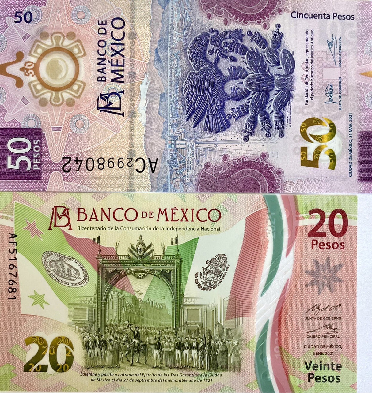 Mexico set 2 Pcs 20 50 Pesos 2021 / 2023 Polymer P 132 133 Mixed Date/Sign UNC