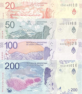 Argentina Set 4 Pcs 20 50 100 200 Pesos 2017 2018 2019 P 361 363 363Aa 364 UNC