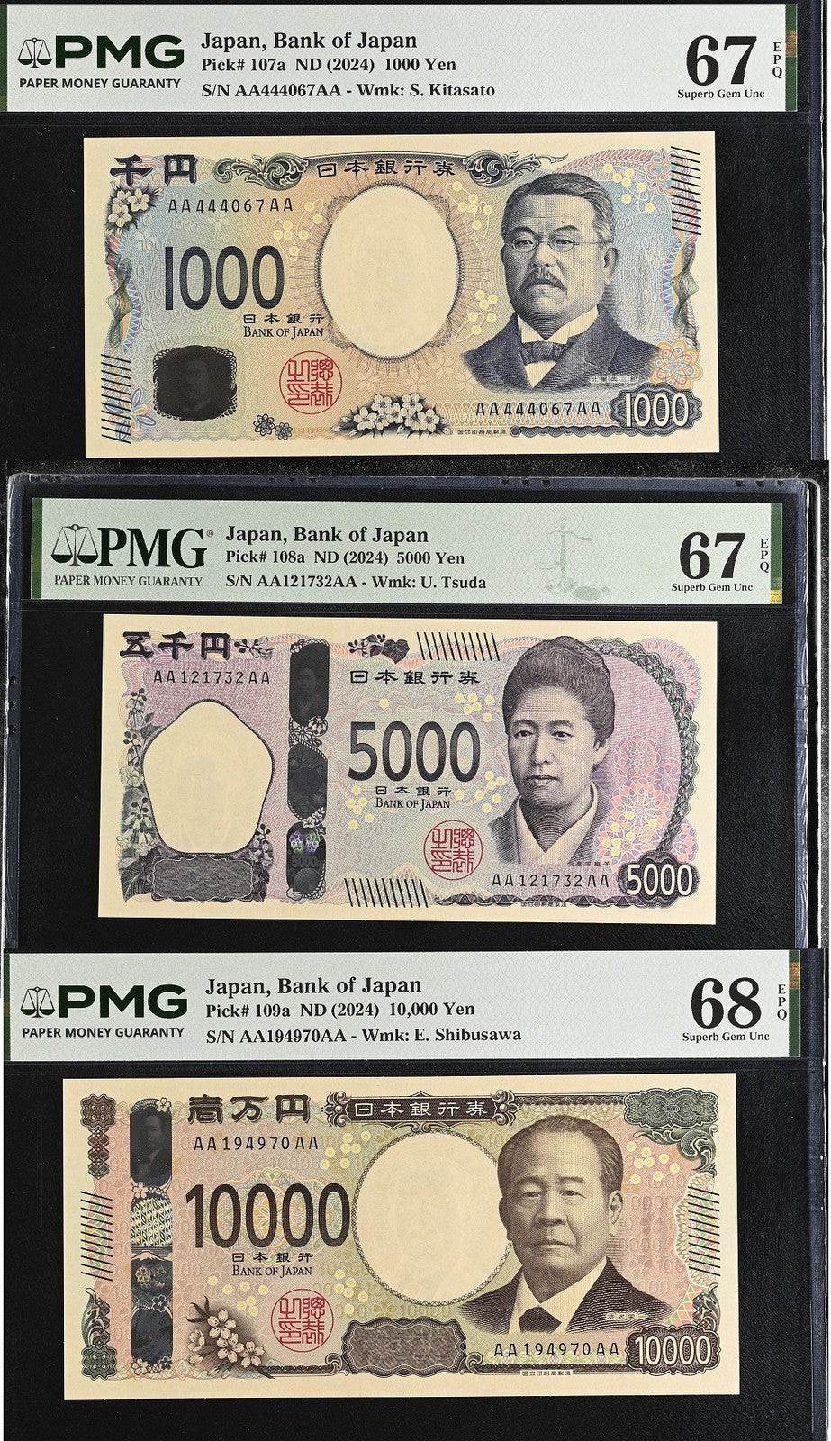 Japan Set 3; 1000 -10000 Yen 2024 P 107-P109 AA-AA Superb Gem UNC PMG 67 68 EPQ