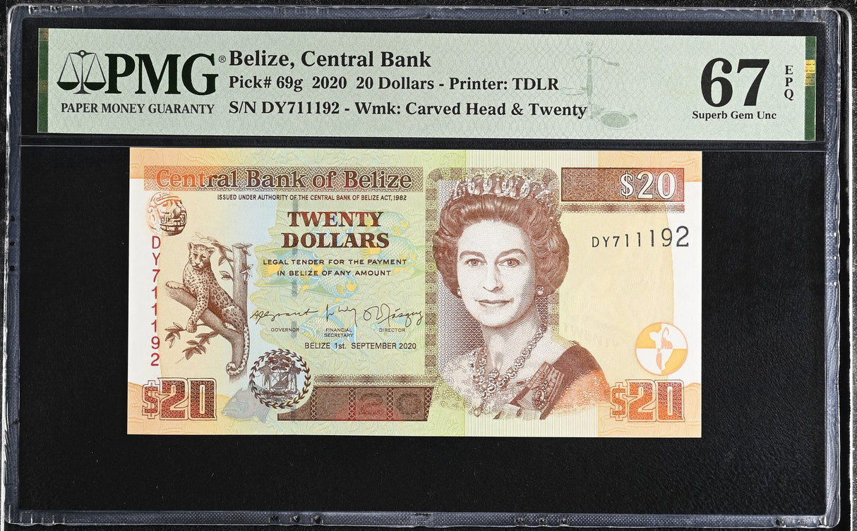 Belize 20 Dollars 2020 P 69 g QEII Superb Gem UNC PMG 67 EPQ