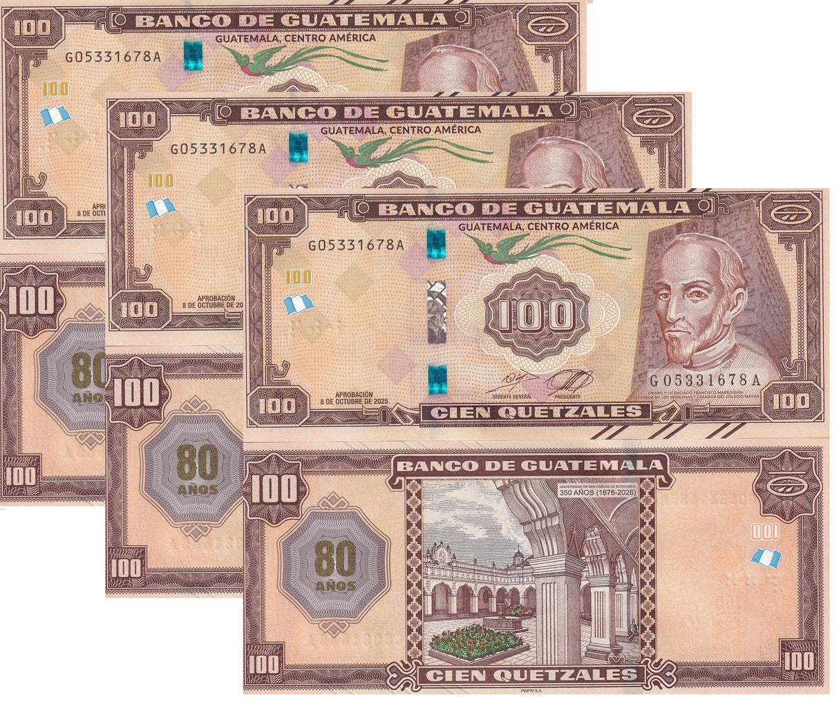 Guatemala 100 Quetzales 2025 / 2026 Commemorative 80th the BDG P 130 LOT 3 UNC