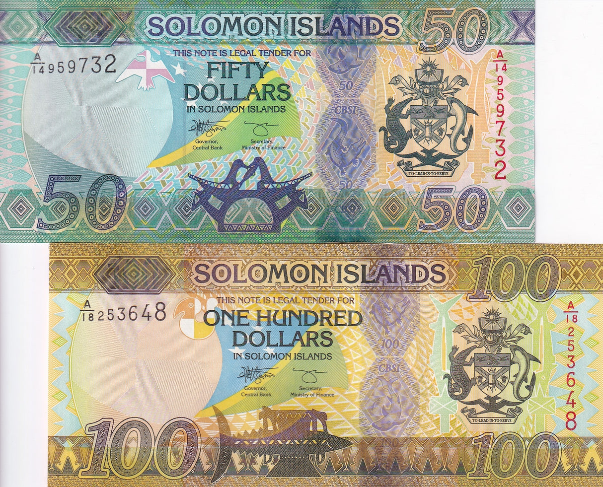 Solomon Islands Set 2 UNC 50 100 Dollars 2023 2024 Polymer P 35 P 36
