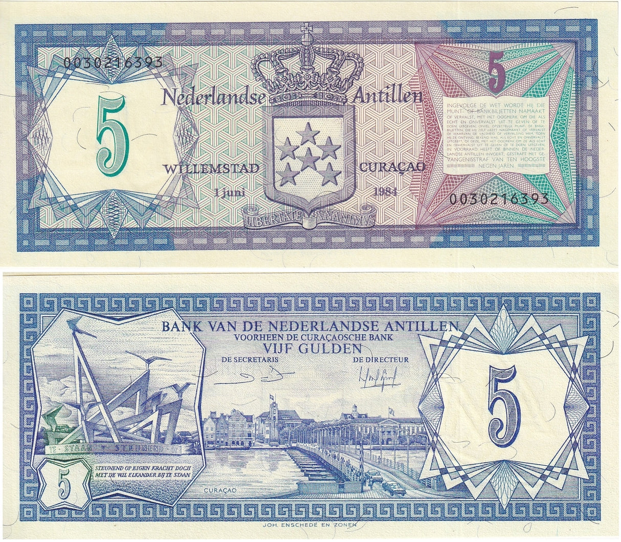 Netherlands Antilles 5 Gulden 1984 P 15 UNC Queen Emma pontoon bridge