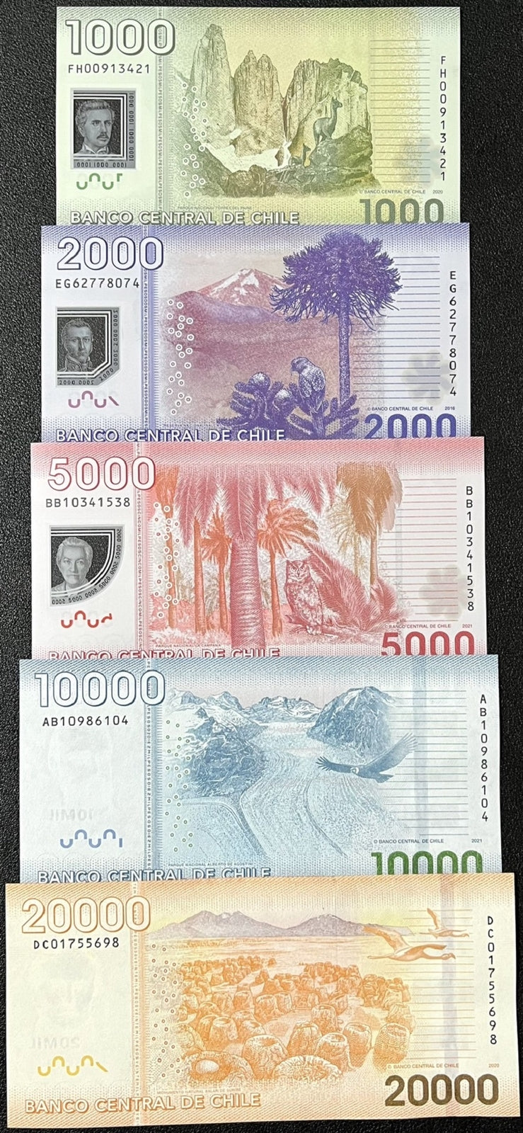 Chile Set 5 UNC 1000 2000 5000 10000 20000 Peso 2014-2021 P 161 162 163 164 165