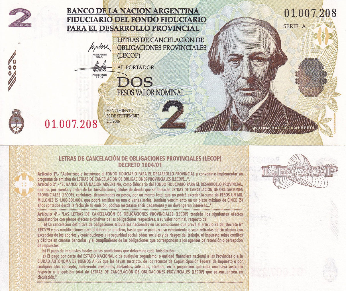 Argentina 2 Pesos 2006 Emergency Note LECOP P NL UNC