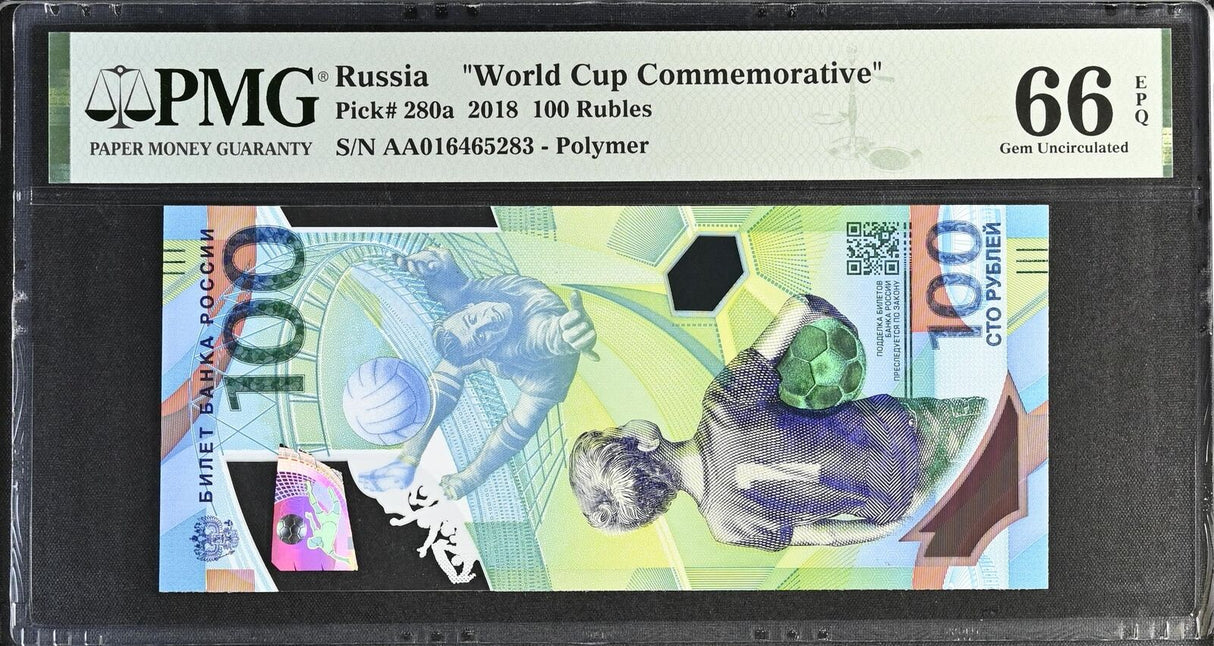 Russia 100 Rubles 2018 FIFA Football Comm. Polymer P 280 a GEM UNC PMG 66 EPQ