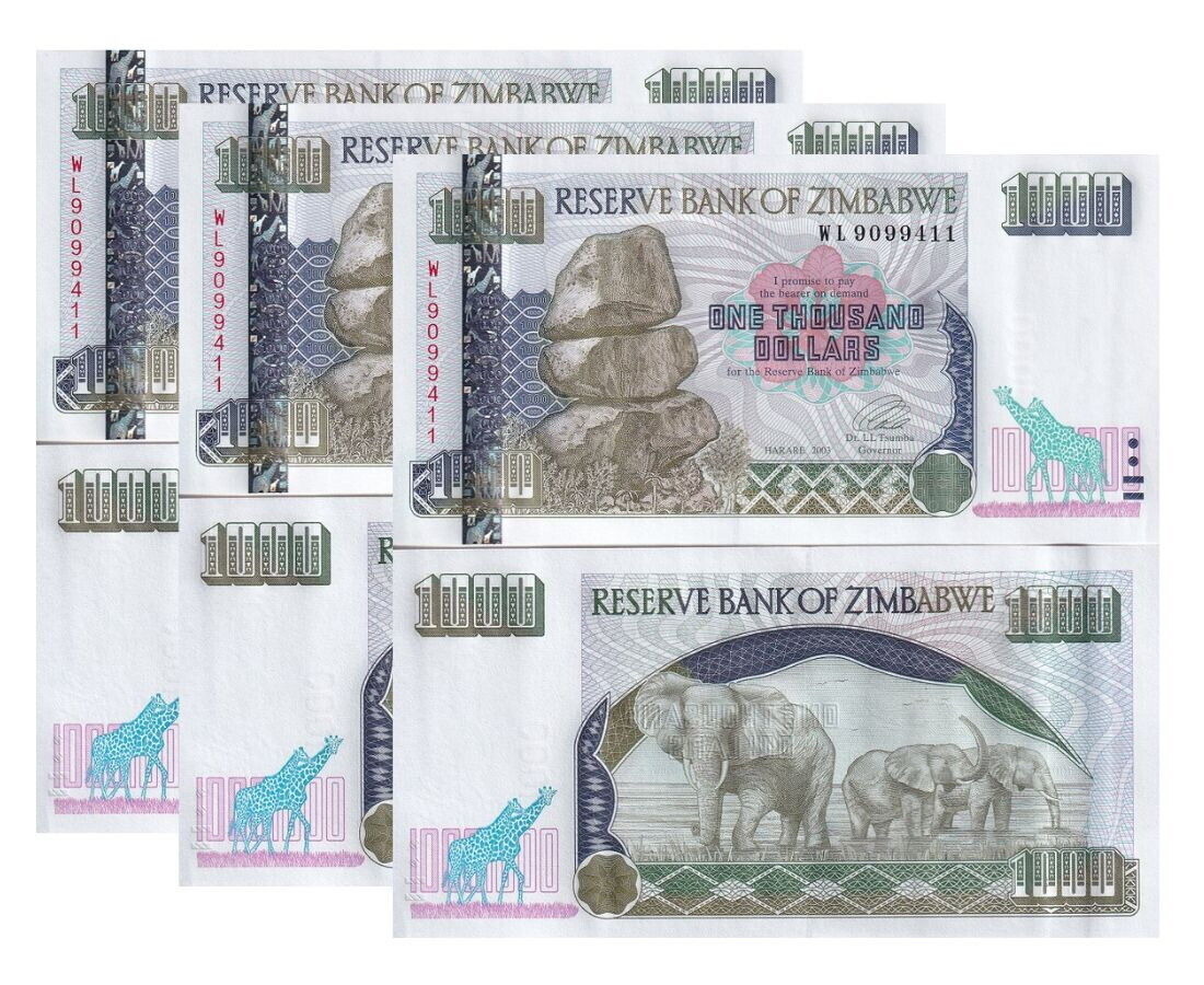 Zimbabwe 1000 Dollars 2003 P 12 a Large Digits UNC LOT 3 PCS