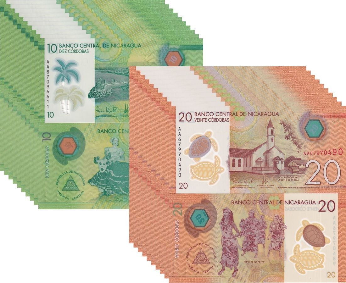 Nicaragua Set 2 X LOT 10=20 UNC 10 20 Random Date P 209 210 Polymer