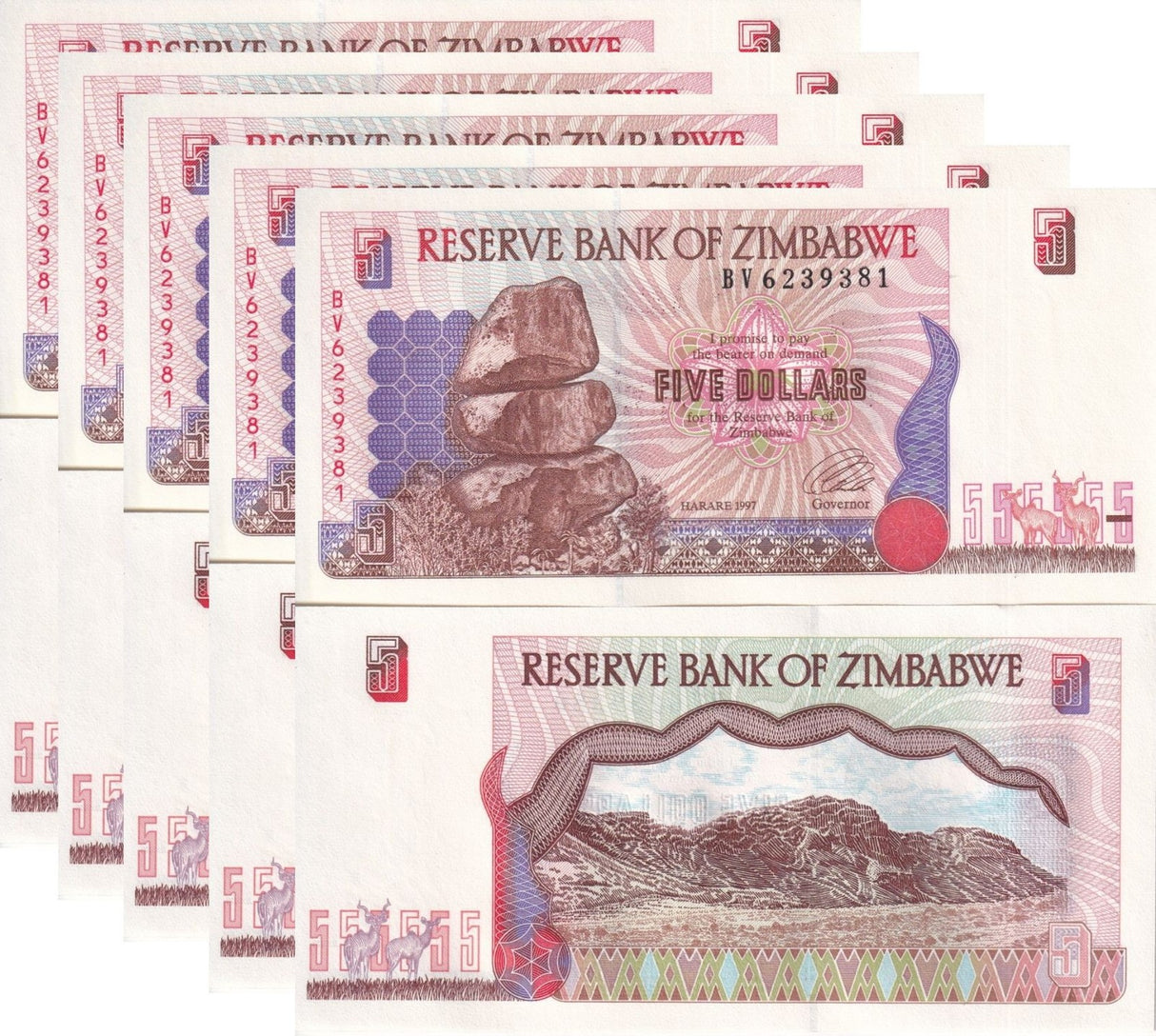 Zimbabwe 5 Dollars 1997 P 5 b UNC LOT 5 PCS