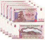 Zimbabwe 5 Dollars 1997 P 5 b UNC LOT 5 PCS