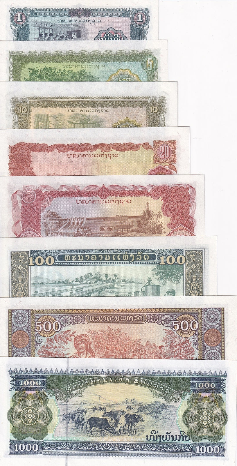 Laos Set 8 Pcs 1 5 10 20 50 100 500 1000 KIP 1979 2020 P 25 26 27 - P 32 UNC