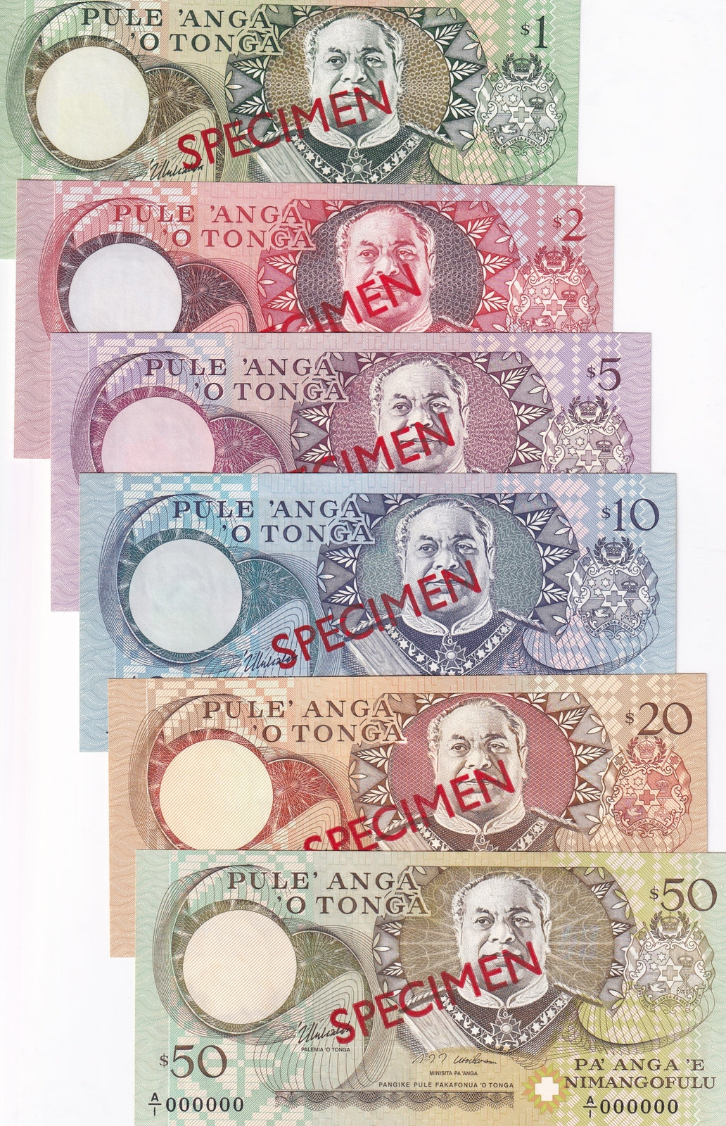 Tonga Set 6 UNC 1 2 5 10 20 50 Pa'anga ND 1995 P 31 32 33 34 35 36 SPECIMEN UNC