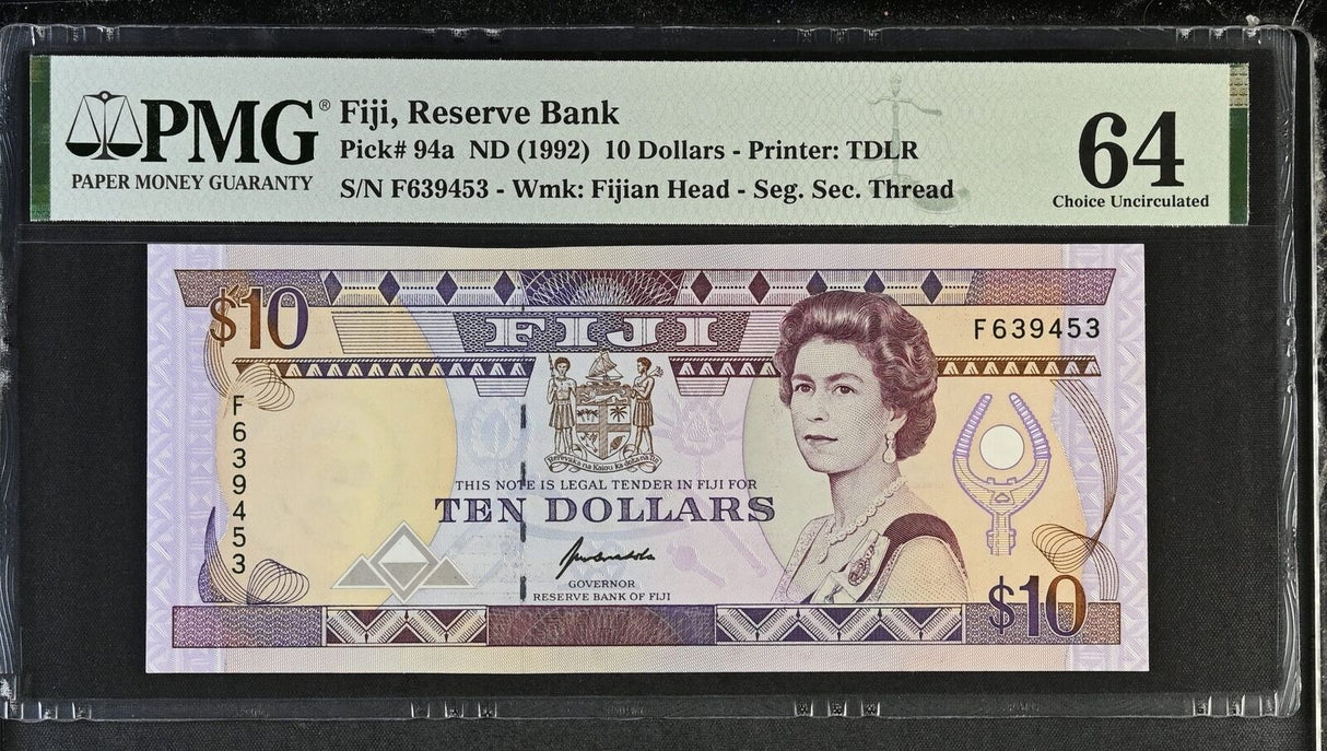 Fiji 10 Dollars ND 1992 P 94 a QE II Choice UNC PMG 64