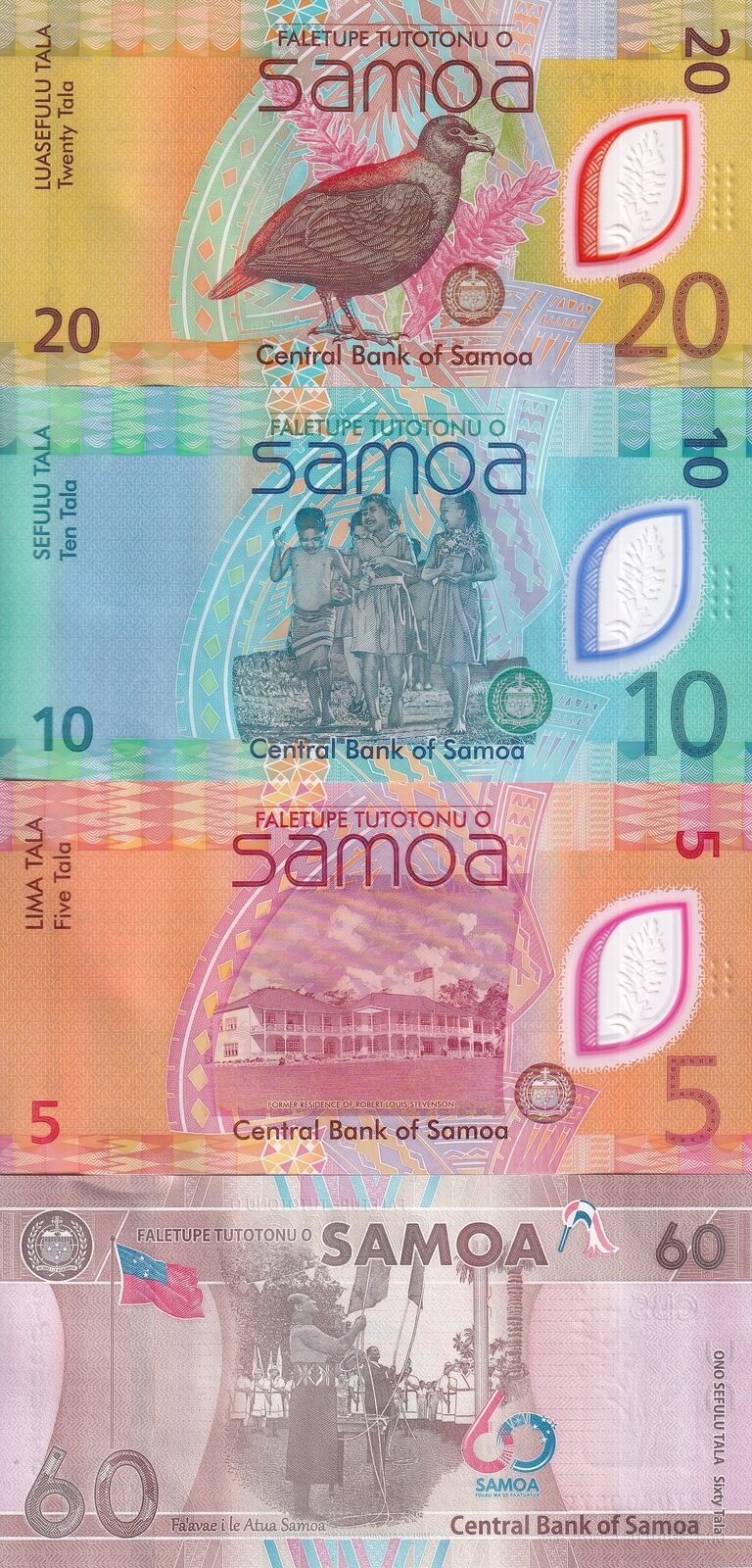 Samoa SET 4 UNC (5 10 20 Polymer) 60 Tala 2024 P 50 51 52 53 CHOGM Comm NO FOLDER