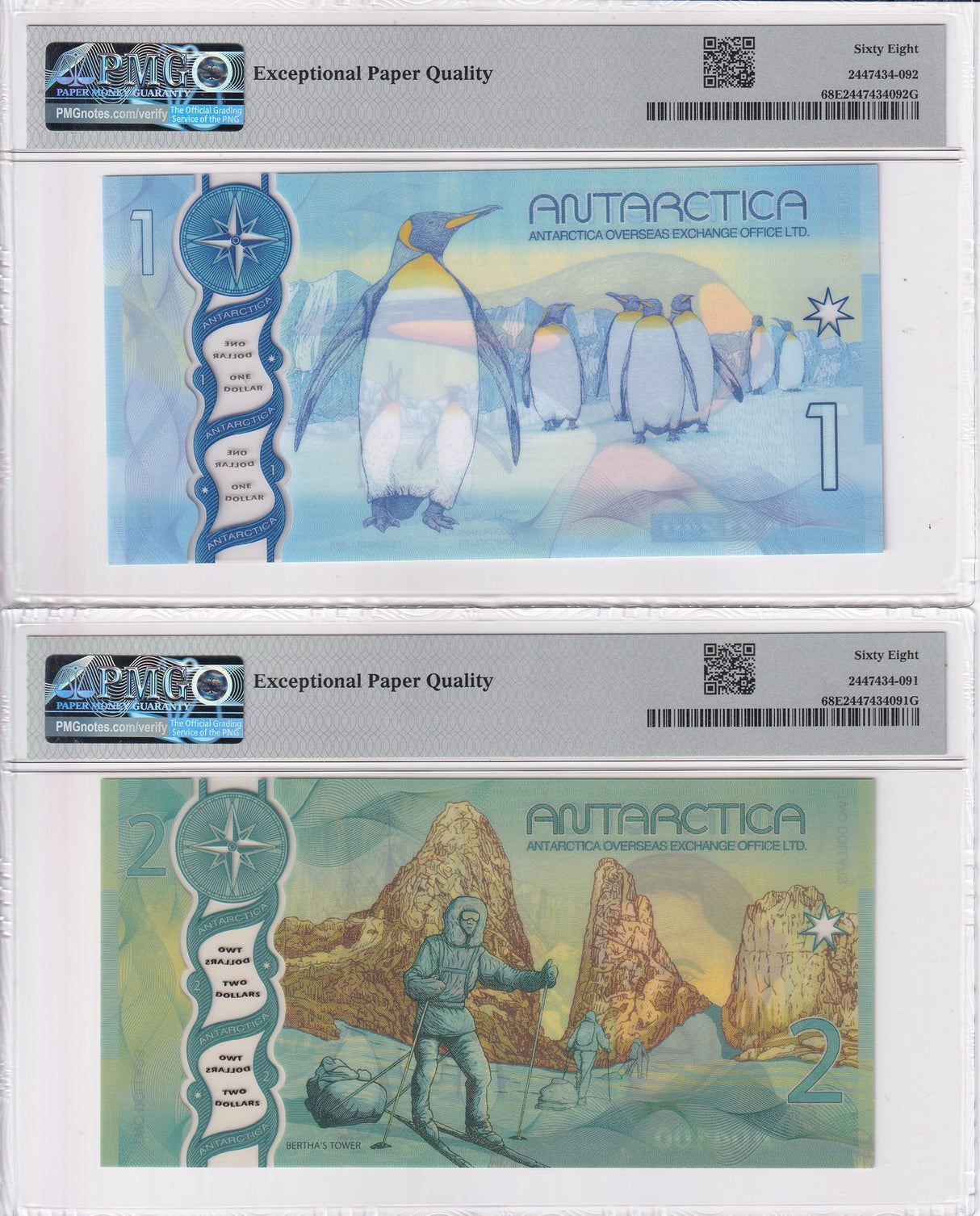 Antarctica Set 2; 1 2 Antarctican Dollars 2015 2020 Superb Gem UNC PMG 68 EPQ