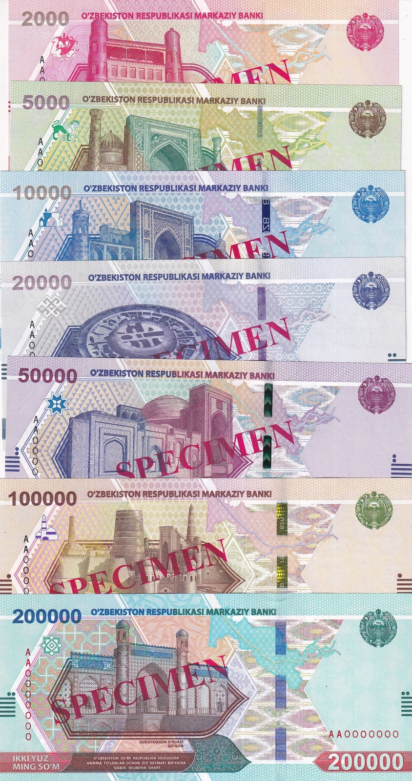 Uzbekistan Set 7 Specimen 2000 - 200000 Som 2021 2022 P 87 88 89 90 91 91 93 UNC