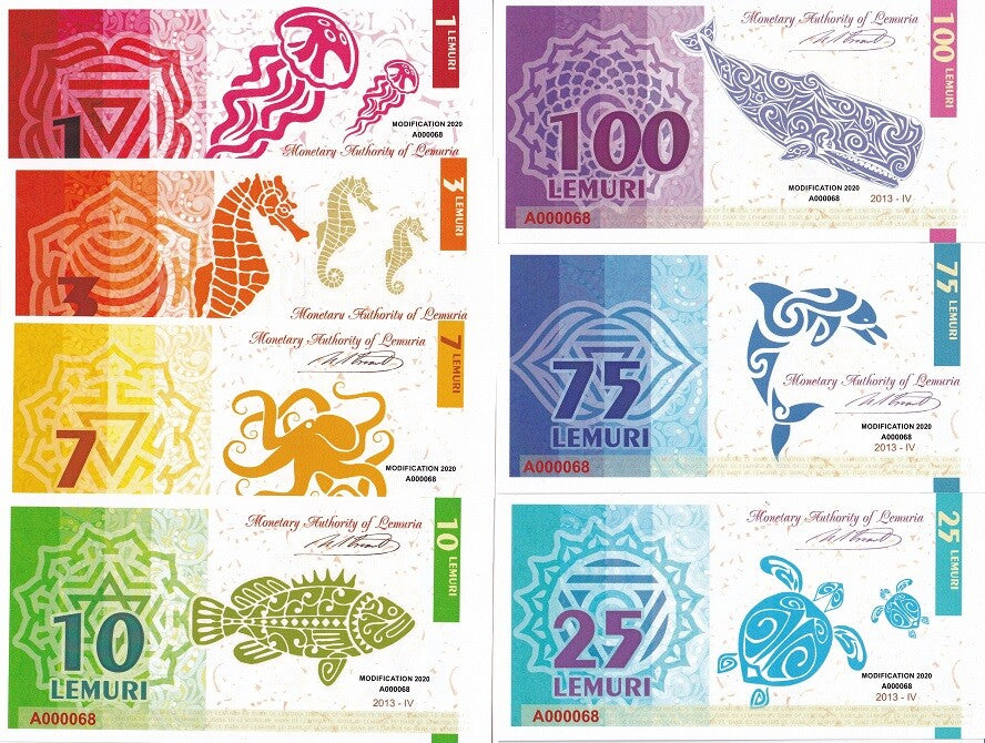 Lemuria Set 7 1 3 7 10 25 75 100 Lemuri 2013 /2020 polymer Fantasy Indian Ocean