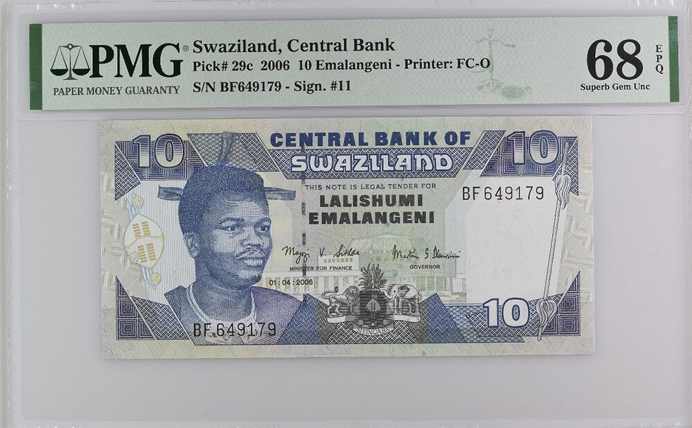 Swaziland 10 Emalangeni 2006 P 29 c Superb Gem UNC PMG 68 EPQ Top Pop