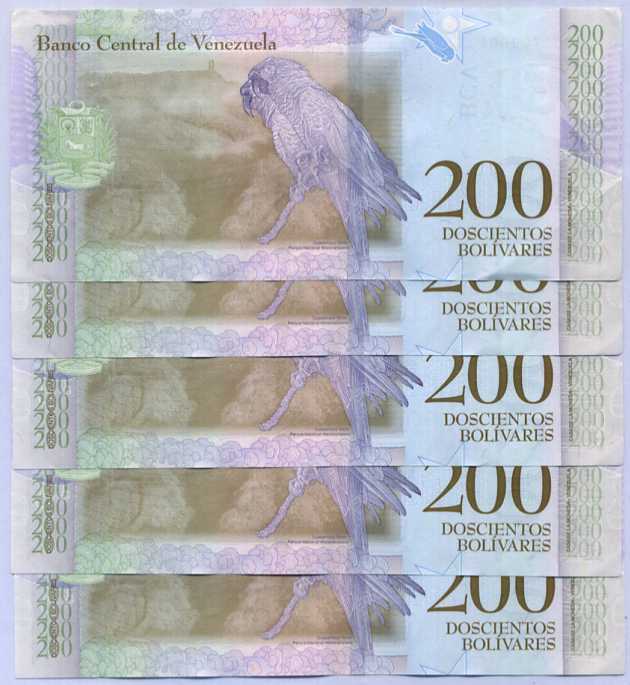Venezuela 200 Bolivares March 2018 P 107 UNC Lot 5 Pcs, Guacamayo verde bird