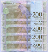 Venezuela 200 Bolivares March 2018 P 107 UNC Lot 5 Pcs, Guacamayo verde bird