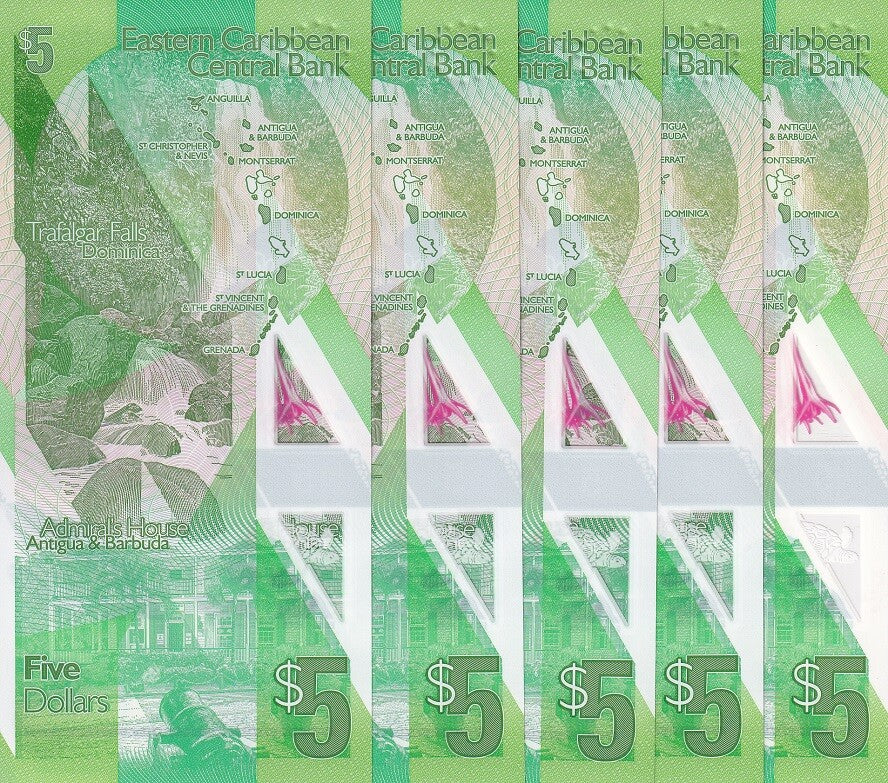 East Caribbean 5 Dollars ND 2021 P 55Aa Queen Polymer QE II LOT 5 PCS UNC