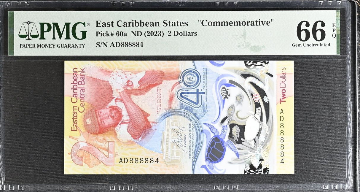 East Caribbean States 2 Dollars 2023 NEAR SOLID 888884 P 60 Gem UNC PMG 66 EPQ