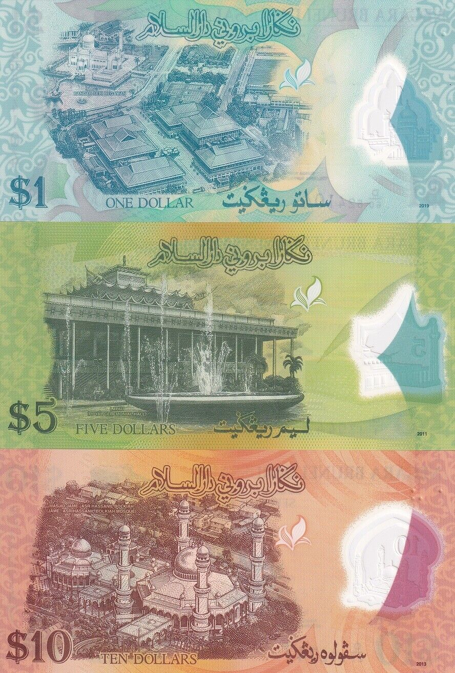 Brunei Set 3 Pcs 1 5 10 Ringgit 2011-2019 P 37 Polymer UNC