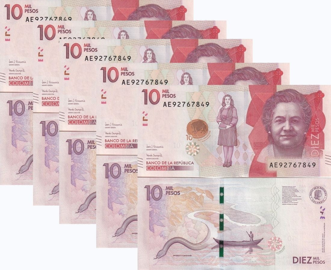 Colombia 10000 Pesos 2017 P 460 c UNC LOT 5 PCS , treefrog , Amazonas , Anaconda