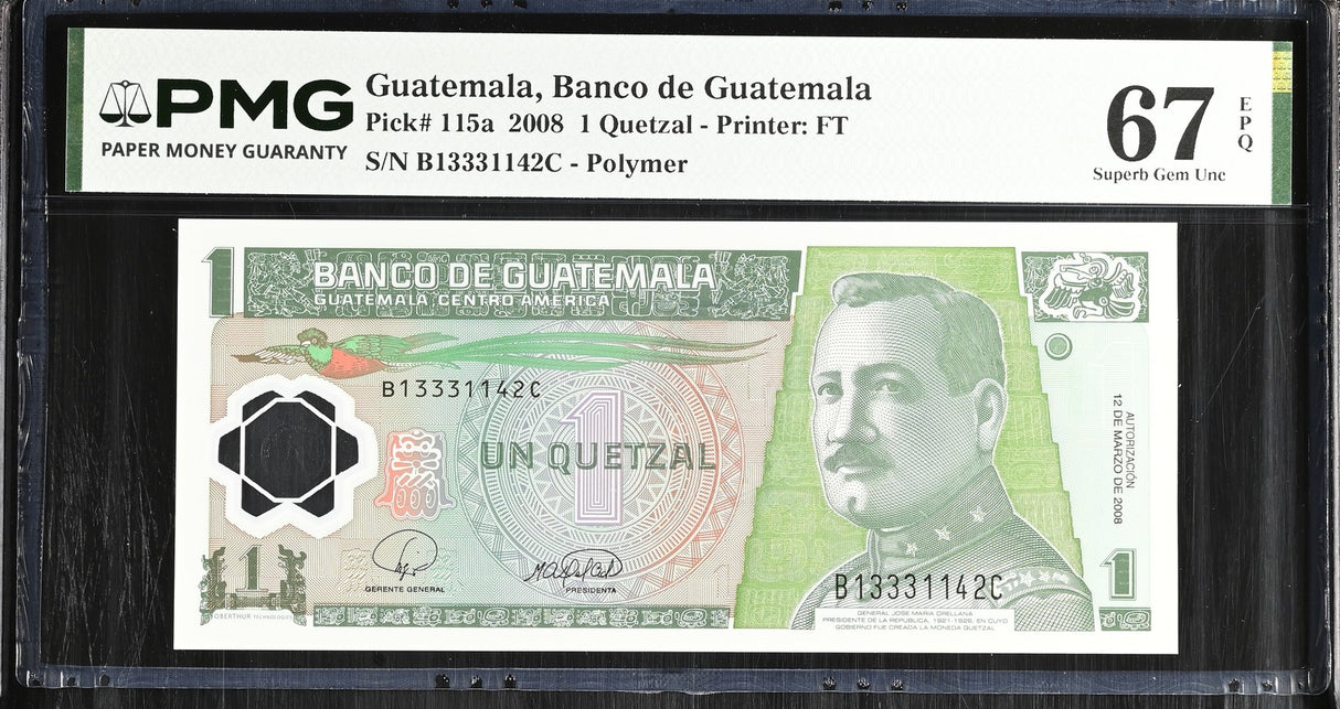 Guatemala 1 Quetzal 2008 P 115 a Polymer Superb Gem UNC PMG 67 EPQ