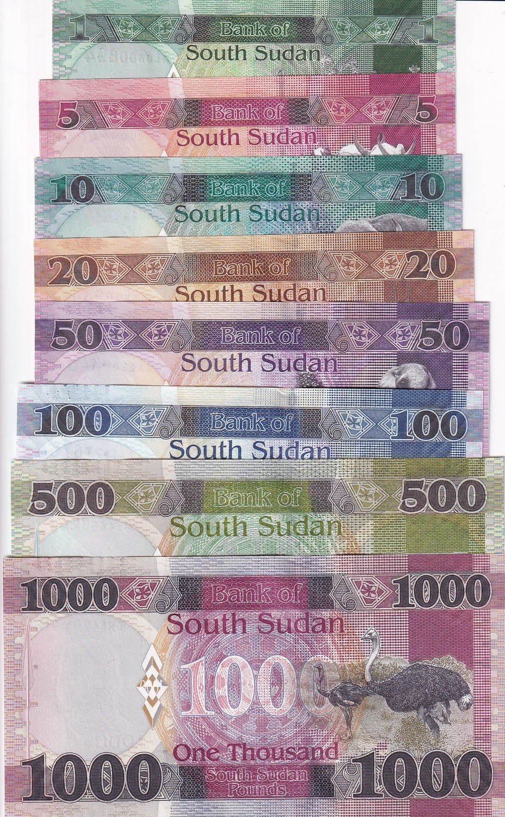 South Sudan Set 8 UNC 1 5 10 20 50 100 500 1000 Pounds Random date P 6 - 21 PNB