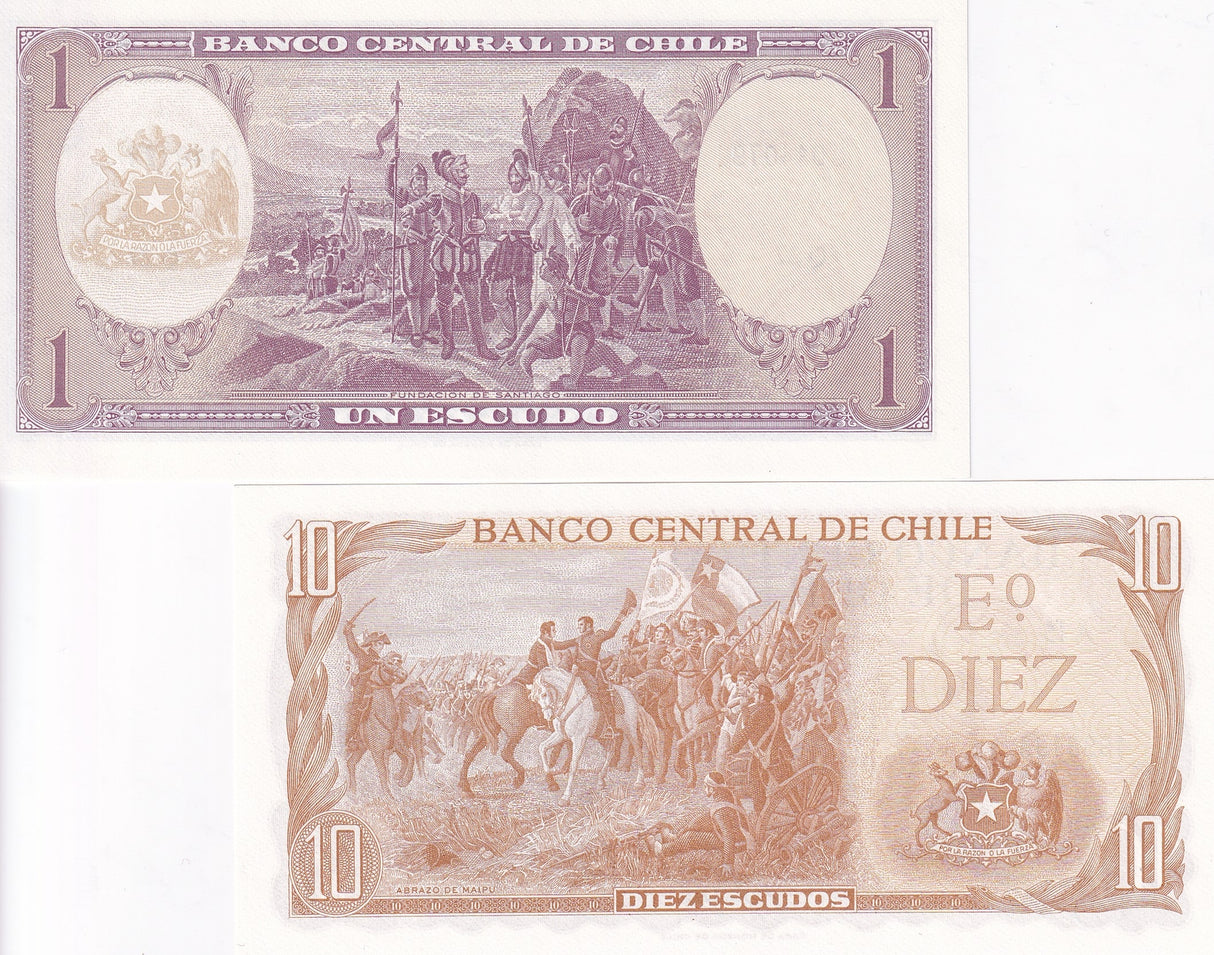 Chile Set 2 PCS 1 10 Escudo ND 1964-1965 P 136 P 143 UNC