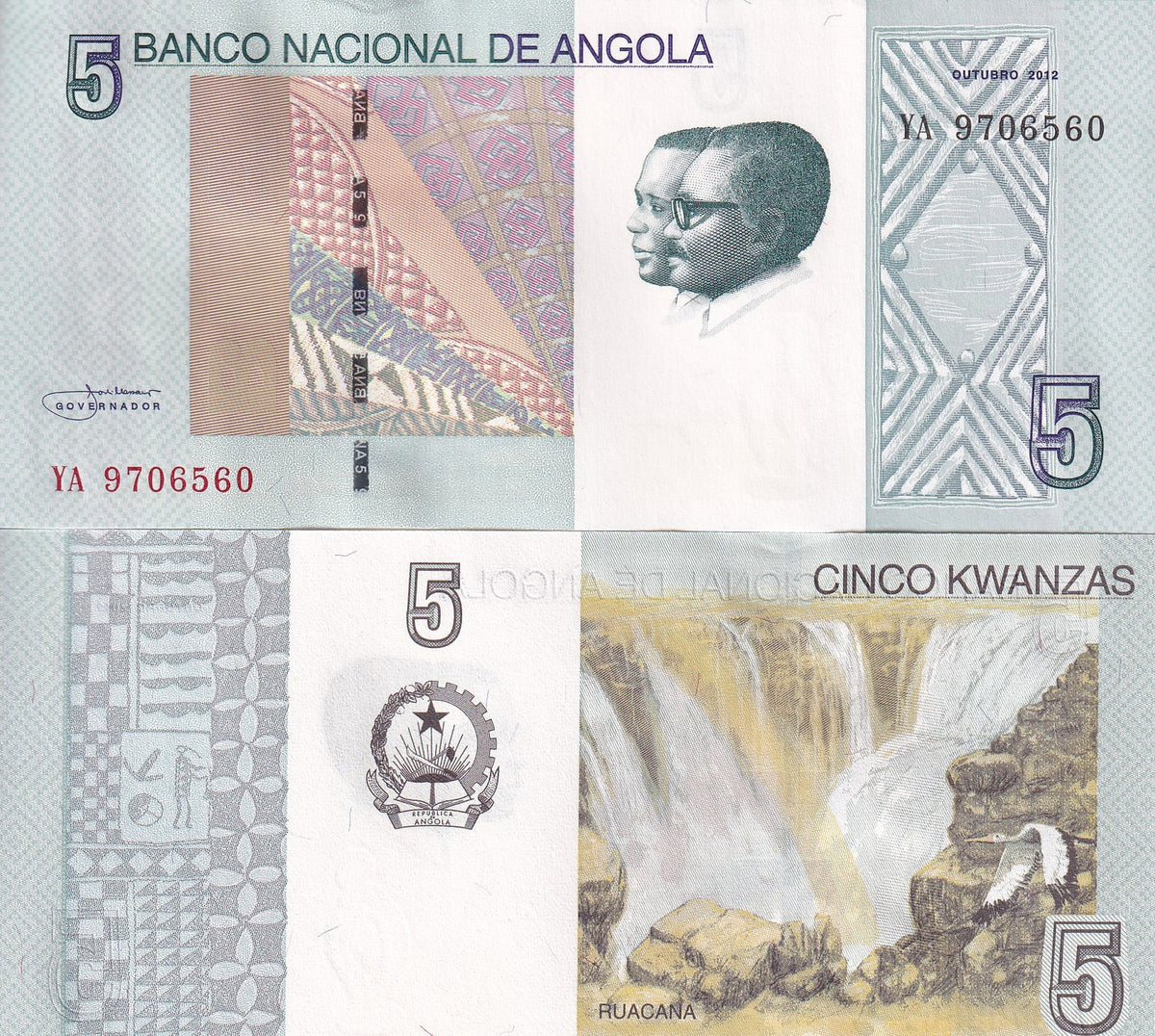 Angola 5 Kwanzas 2012/2017 P 151A UNC, Embroidery, Ruacana waterfall