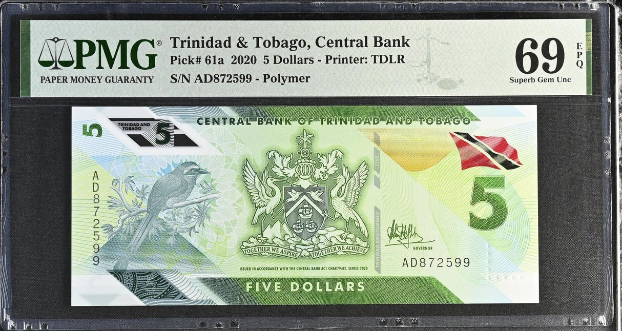 Trinidad & Tobago 5 Dollars 2020 P 61 a Polymer Superb Gem UNC PMG 69 EPQ