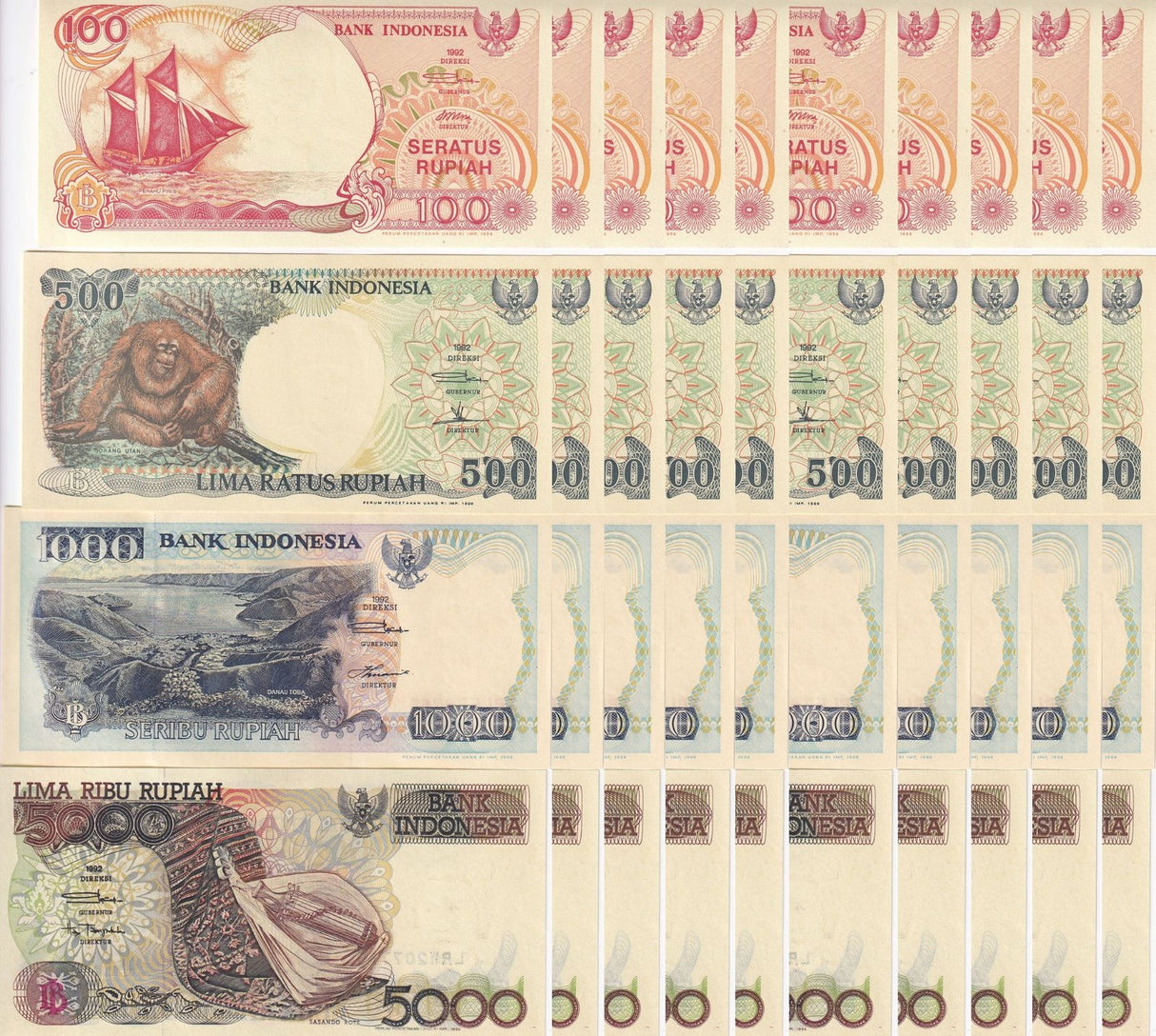 Indonesia Set 4 x Lot 10 =40 UNC 100 500 1000 5000 Rupiah Ramdom Year P 127- 130