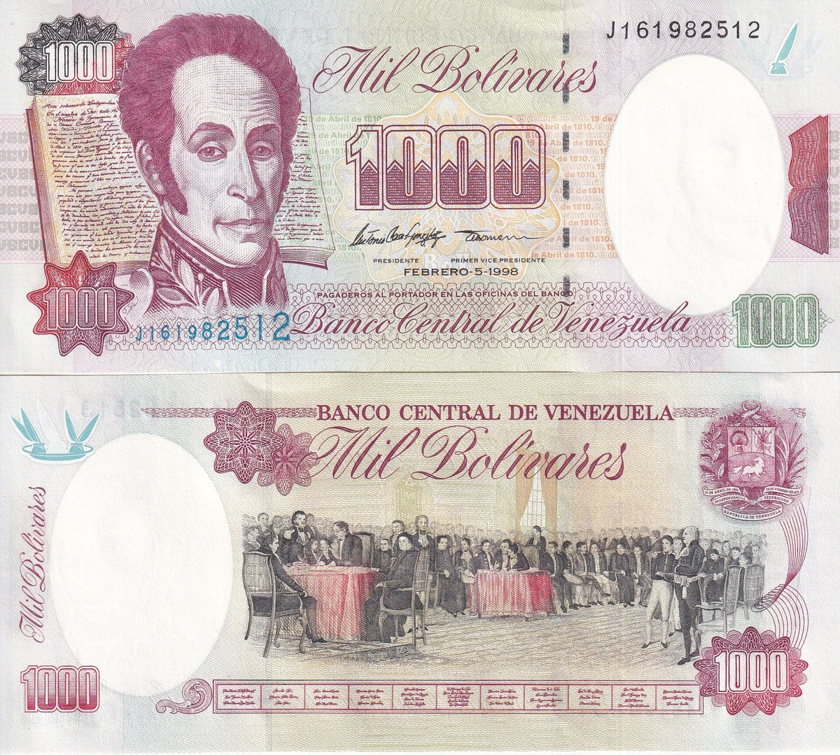 Venezuela 1000 Bolivares 1998 P 76 c UNC ,Simon Bolivar ,Independence