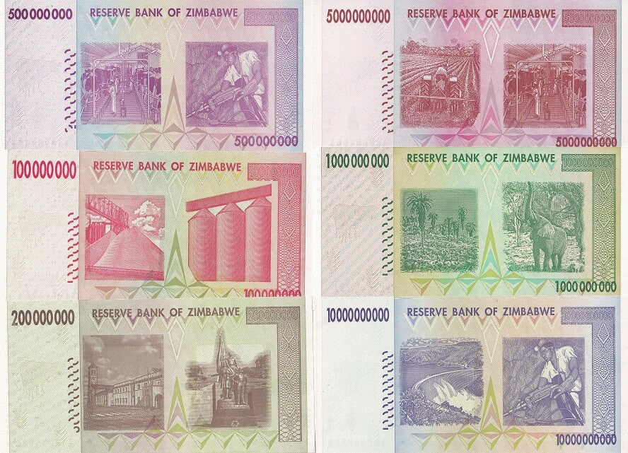 Zimbabwe SET 6 UNC 1 5 10 Billion 100 200 500 Million 2008 P 80 81 82 83 84 85