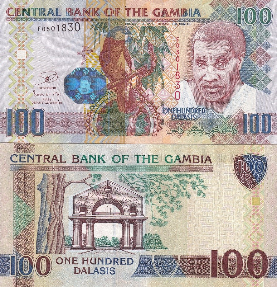 Gambia 100 Dalasis ND 2013 P 29 c UNC , Senegal parrot, Arch 22, Banjul