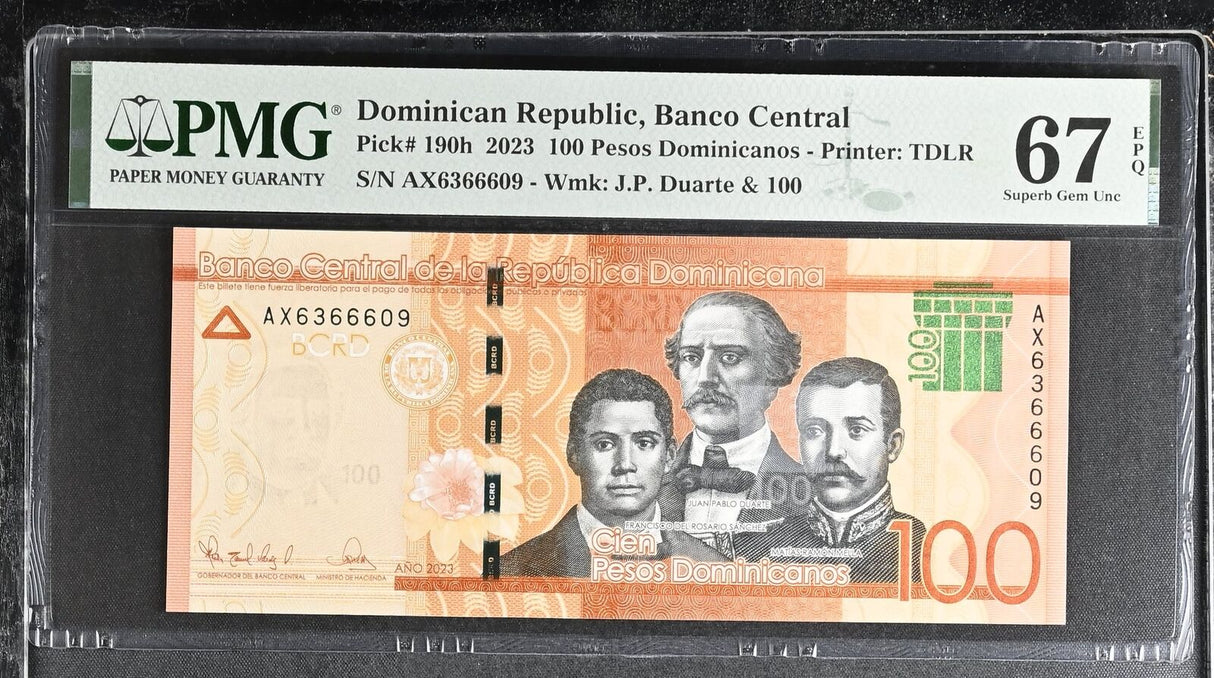 Dominican Republic 100 Pesos 2023 P 190 h Superb Gem UNC PMG 67 EPQ
