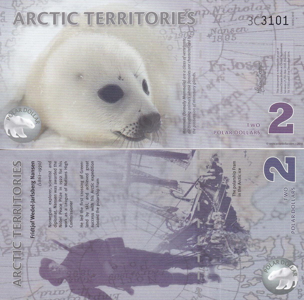 Arctic Territories 2 Dollar 2010 Polymer Polar Seal UNC