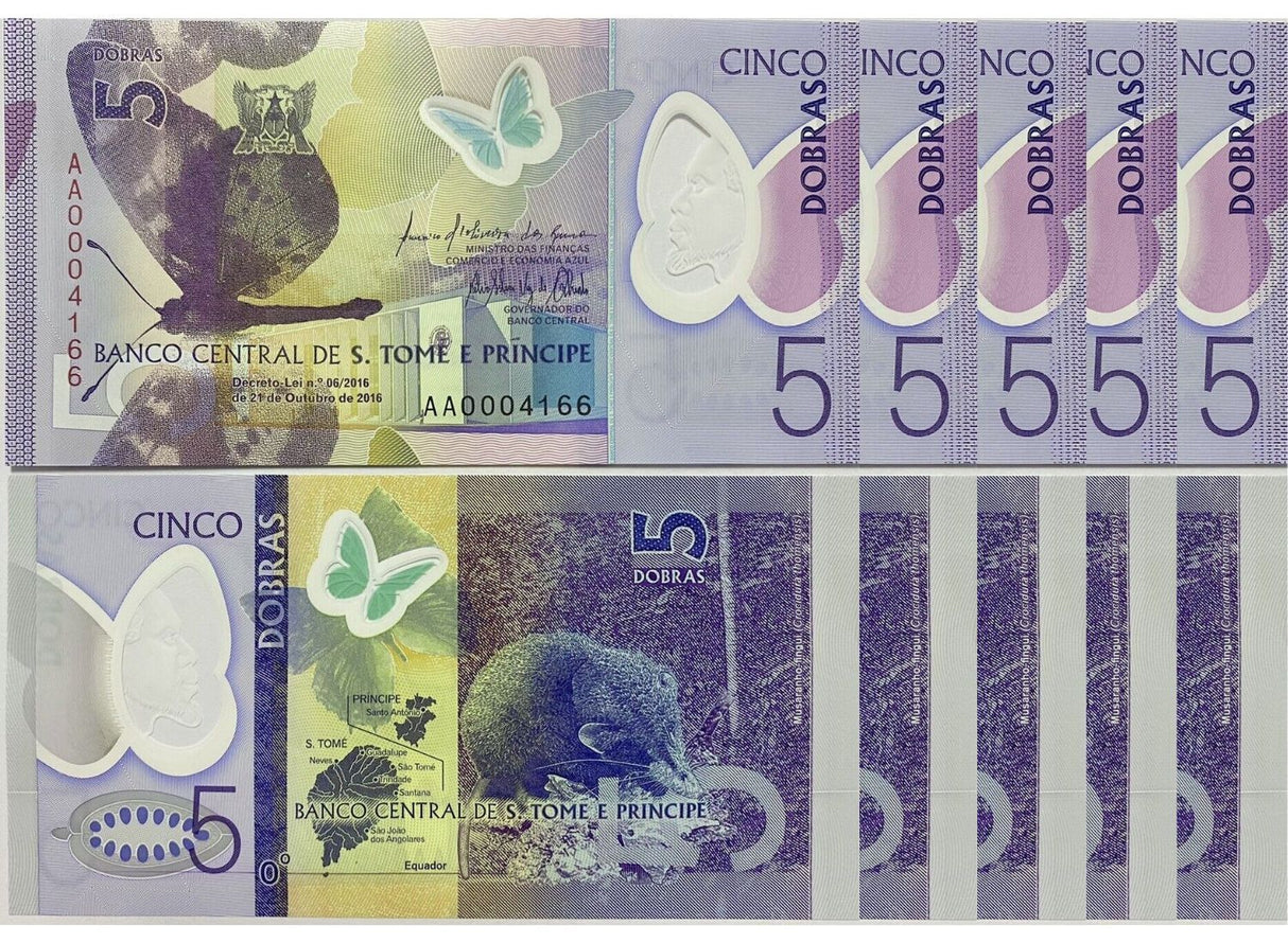 Saint Thomas & Prince 5 Dobras 2016 Polymer P 70 a UNC LOT 5 PCS